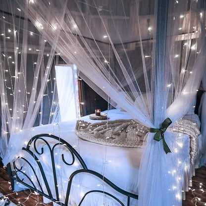 echosari Curtain Lights Battery Operated, 9.8Ft x 9.8ft 300 LED Curtain String Light with Remote Timer 8 Modes Hanging Lights for Wedding Party Home Garden Wall Decor (Cool White) (Pack of 4)