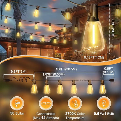 LAMPHOME LED Outdoor String Lights 100FT Patio Lights Waterproof 52 Shatterproof ST38 Edison Bulbs, Connectable Hanging Lights for Porch Deck Garden Backyard Balcony Party Christmas Cafe Decor