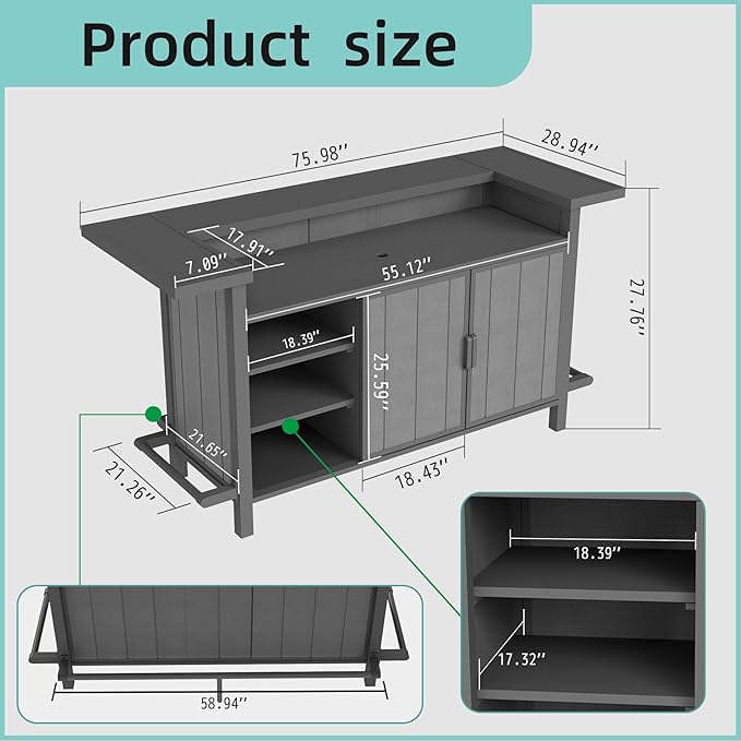 Domi Outdoor Bar Table, Home Bar Unit with Aluminum Frame, Patio Bar Table with Storage Cabinet & Footrest, Liquor Cabinet Bar for Patio Backyard Home Kitchen, Gray, 75.98" x 28.94"