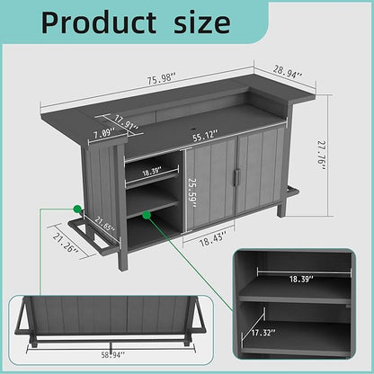 Domi Outdoor Bar Table, Home Bar Unit with Aluminum Frame, Patio Bar Table with Storage Cabinet & Footrest, Liquor Cabinet Bar for Patio Backyard Home Kitchen, Gray, 75.98" x 28.94"