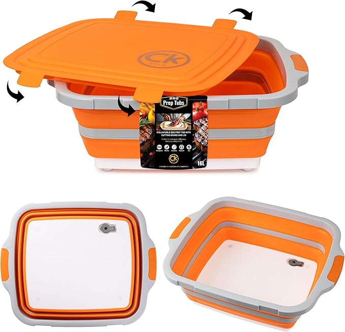 Collapsible BBQ Prep Tub XL with Locking Lid & Drain Hole | Meat Marinating Container with Cutting Board | BPA-Free Food-Grade Prep Tubs for Grilling, Camping & Outdoor Cooking (Orange, 16 L)
