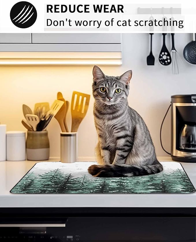 Stove Top Covers for Electric Stove 31x24 Inches, Forest Christmas Tree HeatResistant Glass Cooktop Protector, Green Xmas Snowflake Misty Winter Ceramic Stovetop Countertop Covers Mat, Oven Cover