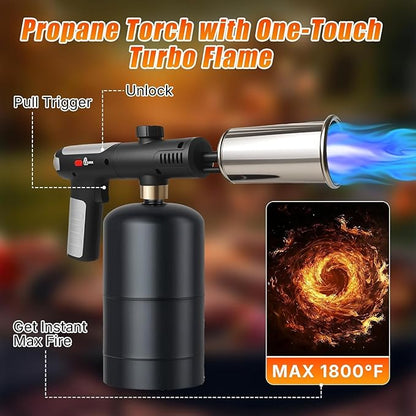 Powerful Propane Torch Gun, One-Touch Max Fire, Charcoal Torch Lighter with Adjustable Flame&Safety Lock, Kitchen Blow Torch for Cooking, BBQ, Searing Steak, Grill (Tank Not Included)