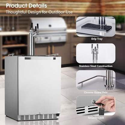 HCK Kegerator, 24 Inch Outdoor Kegerator for Patio with 3 Taps, Full Size Beer Dispenser and Beverage Refrigerator with Auto Defrost & Reversible Stainless Steel Door, Ideal for Home Bars