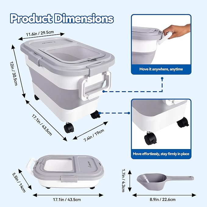Wood Pellet Storage Container 20-25lbs, Airtight Bin with Locking Lid & Clear Window, Collapsible Pellet Bucket with Wheels, Scoop & Labels, Gray