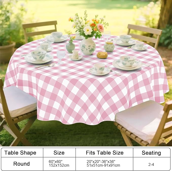 Smiry Picnic Table Cloth, Vinyl Tablecloths with Flannel Backing, 60" Round | Waterproof Picnic Table Cloth, Wipeable Buffalo Plaid Table Cover for Indoor and Outdoor (Pink & White)