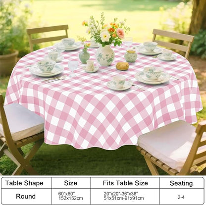 Smiry Picnic Table Cloth, Vinyl Tablecloths with Flannel Backing, 60" Round | Waterproof Picnic Table Cloth, Wipeable Buffalo Plaid Table Cover for Indoor and Outdoor (Pink & White)