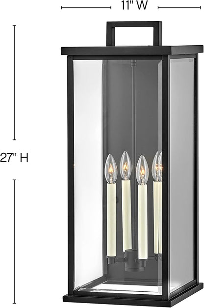 Hinkley Weymouth Large Four Light Wall Mount Lantern – Estate Series, Aluminum, Candle Sleeves, Rectangular, Clear Beveled Glass – Black Finish