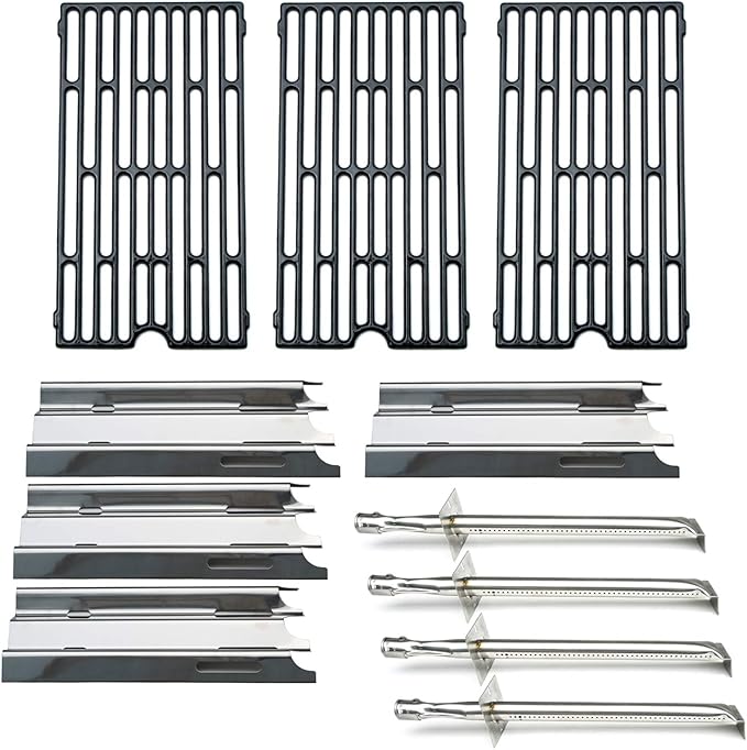 Parts Kit DG207 Replacement for select Vermont Castings grills, 17" Burner 4pcs, 14 1/2" x 7 1/4" Heat Plates 4pcs, set of 3 Cooking Grill Grids, 16 7/16" x 9 1/16" each grid