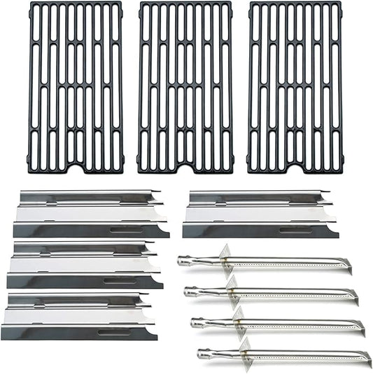 Parts Kit DG207 Replacement for select Vermont Castings grills, 17" Burner 4pcs, 14 1/2" x 7 1/4" Heat Plates 4pcs, set of 3 Cooking Grill Grids, 16 7/16" x 9 1/16" each grid