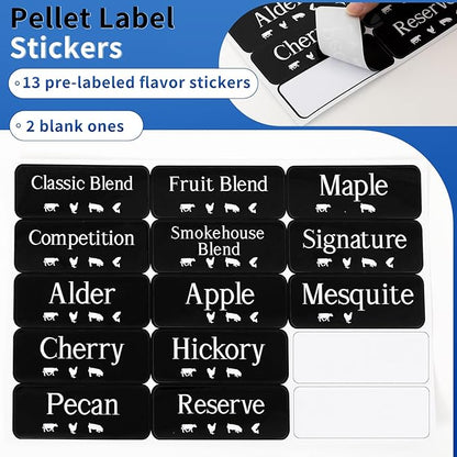 Maxdot 3 Sets 22lb Wood Pellet Storage Containers with Smoker Grill Pellet Label Stickers Spoon Locking Lid Charcoal Container Holds for Men Gift Smoker Charcoal Outdoor Grill Pellets Camping Party