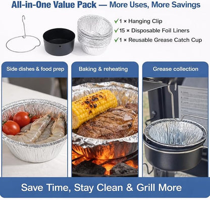 Grill Grease Cup with Clip for Char-Broil & Kenmore Grill Grease Tray Replacement - 15Pack Aluminum Foil Liners, Fits Masterbuilt 30"/40" Smokers Drip Pan Replacement Parts