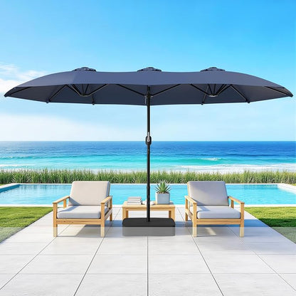 HOPERAN 15FT Patio Umbrella with Base Included, Large Outdoor Double-Sided Rectangle Table Umbrella with Easy Crank Lift, Market Umbrella for Backyard, Pool&Garden