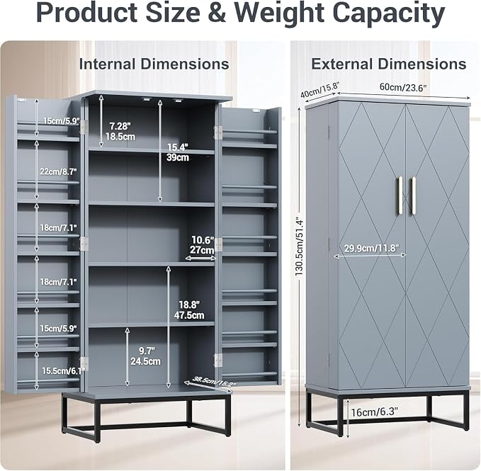 kepptory 51" Pantry Cabinet with Diamond-Patterned Doors and Golden Handles, Freestanding Kitchen Storage Cabinet with 17 Shelves, Tall Metal Base, Adjustable Feet, Grey