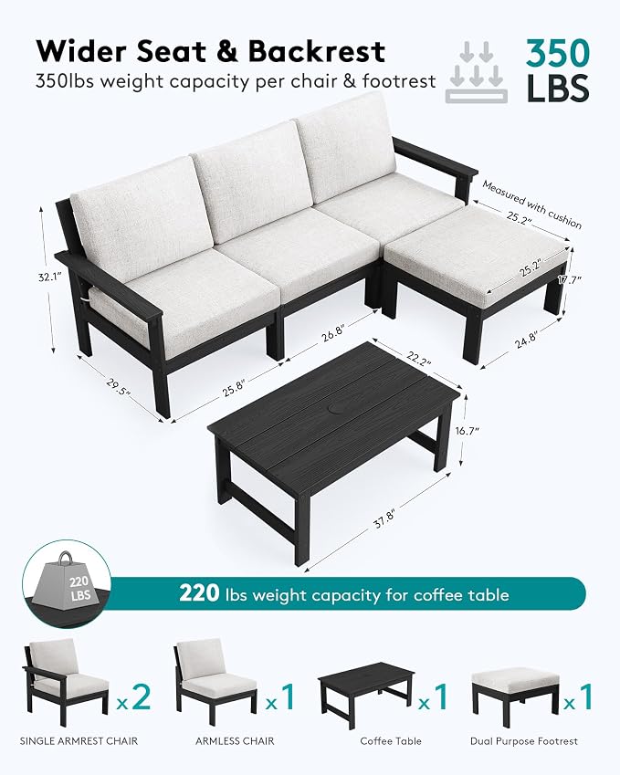 SERWALL Outdoor Sectional Sofa Set, 5-piece Outdoor Modula Couch Set with Ottoman, All Weather Patio Furniture Set with Chaise for Deck, Lawn, Black Frame with Khaki Cushion