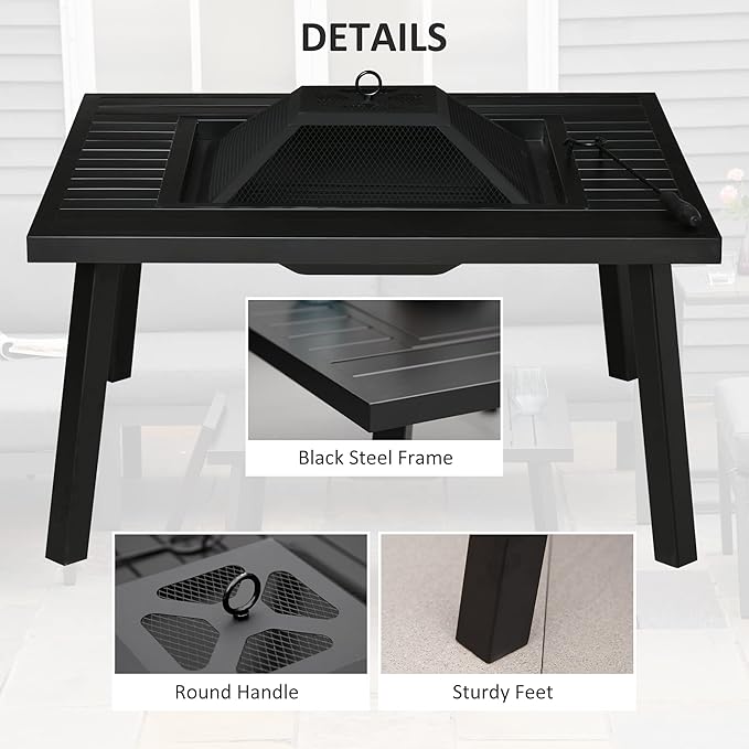 Outsunny 34" Fire Pit with Grill, Metal Outdoor Wood Burning Firepit with Spark Screen, Fire Poker, Cover, Table Lip, Black