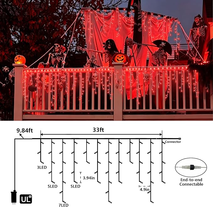 QITONG Red Halloween Lights, 33ft 400 LED Icicle Light for Outside with 8 Modes, Clear Wire Connectable Christmas String Lights Indoor Outdoor Plug in