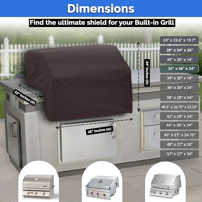 Covers & All Built-in Grill Cover for Outdoor Grill – Heavy Duty 18 oz Waterproof Built-in BBQ Grill Cover, PVC-Coated Polyester with Elastic Hem for Snug Fit (32 x 26 x 24 inches, Coffee)
