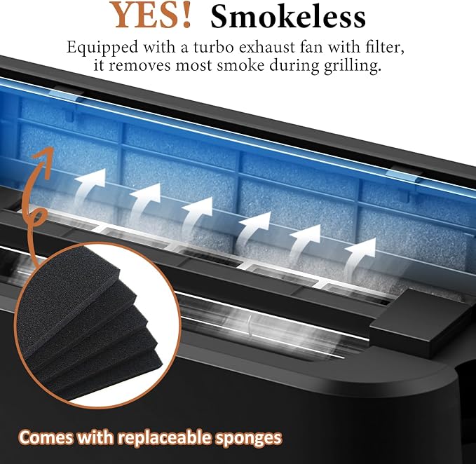 Indoor Grill, CUSIMAX Electric Smokeless Grill & Griddle, Black, 1500W | With REPLACEABLE Smoke Filter Sponge/Smart LED Display/Non Stick 2 in 1 Grill & Griddle Plates/Larger Grilling Area