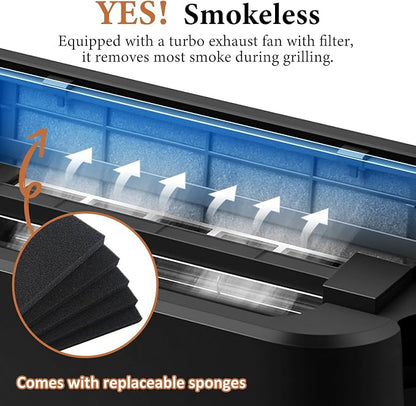 Indoor Grill, CUSIMAX Electric Smokeless Grill & Griddle, Black, 1500W | With REPLACEABLE Smoke Filter Sponge/Smart LED Display/Non Stick 2 in 1 Grill & Griddle Plates/Larger Grilling Area