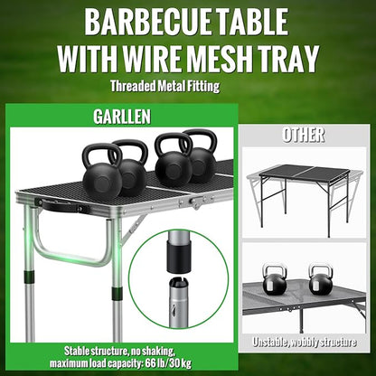 GARLLEN Folding Grill Table, 3 Adjustable Height Portable BBQ Table with Heat-Resistant Mesh Tabletop, Lightweight Aluminum Camping Tables for Outdoor, Grill, Picnic, 34.2" L x 15.7" W, Silver