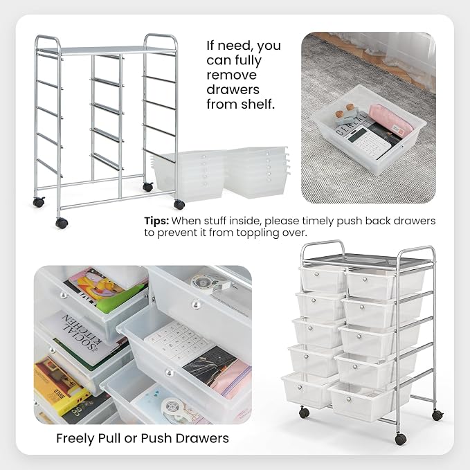 HOMGX Rolling Cart with 10 Drawers, 10 Tiers Multicolor Trolley, Drawer Bin Carts with 2 Lockable Wheels, Adjustable File & Debris Organizer Cart, Rolling Storage Cart for Office, School, Home