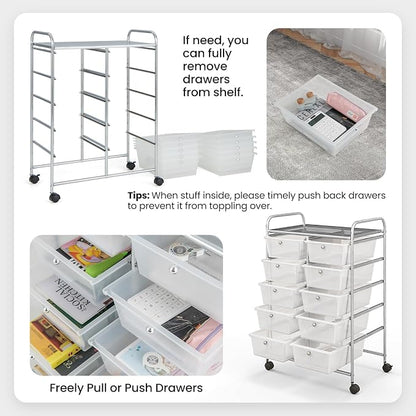 HOMGX Rolling Cart with 10 Drawers, 10 Tiers Multicolor Trolley, Drawer Bin Carts with 2 Lockable Wheels, Adjustable File & Debris Organizer Cart, Rolling Storage Cart for Office, School, Home