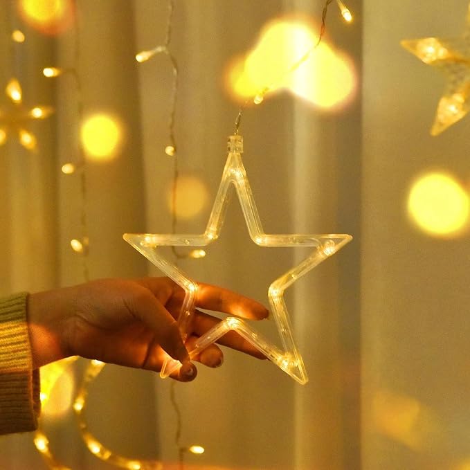 138 LED Ramadan Decorations Light Solar Moon Star Lights String Light Outdoor Waterproof Solar Powered Curtain Lights with 8 Modes Ramadan Hanging Decor for Patio (Warm White)