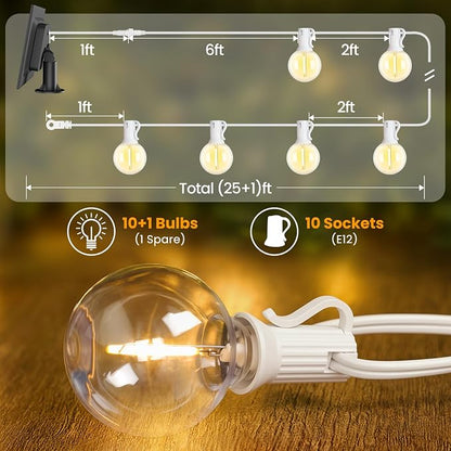 Mlambert 25FT Solar Powered String Lights Outdoor, Waterproof Solar Patio Light String with 10+1 Shatterproof LED G40 Bulbs for Backyard Garden-White