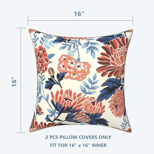LVTXIII Outdoor Throw Pillow Covers 16x16 Waterproof Tropic Accent Pillow Cases Fluffy Outdoor Cushion Covers for Garden and Patio Furniture Decoration, 2 Pack, Red Chrysanthemum