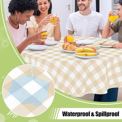 Smiry Picnic Table Cloth, Vinyl Tablecloths with Flannel Backing, 60" Round | Waterproof Picnic Table Cloth, Wipeable Buffalo Plaid Table Cover for Indoor and Outdoor (White & Beige)