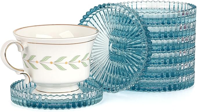 Modern Clear Coaster Set of 8- Glass Coasters for Drinks Crystal Coasters Round Cup Coaster Coffee Table Decor for Office, Kitchen, Bar, Dining Room, Living Room, Patio(Clear Blue)