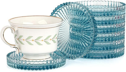 Modern Clear Coaster Set of 8- Glass Coasters for Drinks Crystal Coasters Round Cup Coaster Coffee Table Decor for Office, Kitchen, Bar, Dining Room, Living Room, Patio(Clear Blue)