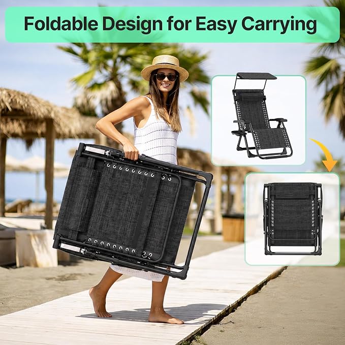 Suteck Zero Gravity Chair with Canopy, Reclining Camping Lounge Chairs | with Removable Cushion, Upgraded Lock and Cup Holder, Folding Patio Recliner for Indoor and Outdoor，90°-170° Adjust