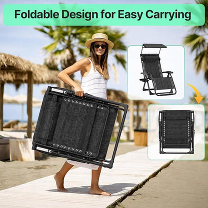 Suteck Zero Gravity Chair with Canopy, Reclining Camping Lounge Chairs | with Removable Cushion, Upgraded Lock and Cup Holder, Folding Patio Recliner for Indoor and Outdoor，90°-170° Adjust