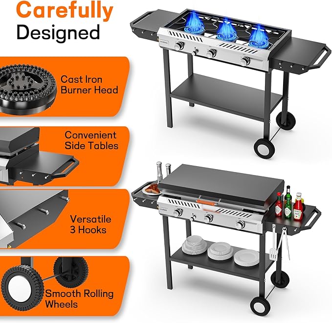 Veralune 3 Burner Propane Stove with Auto Ignition, 225,000 BTU Gas Griddle with Storage Shelf, Rolling Wheels, Portable Outdoor Cooking Stove for Patio Home Cooking and Frying