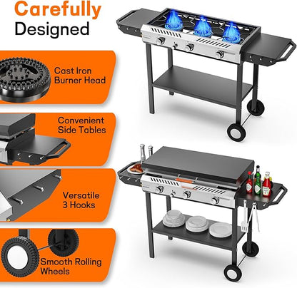 Veralune 3 Burner Outdoor Propane Gas Stove with Griddle, Ignition & Side Shelves, 225,000 BTU Powerful Stand Cooker for Backyard Patio Cooking Home Brewing Canning Turkey Frying
