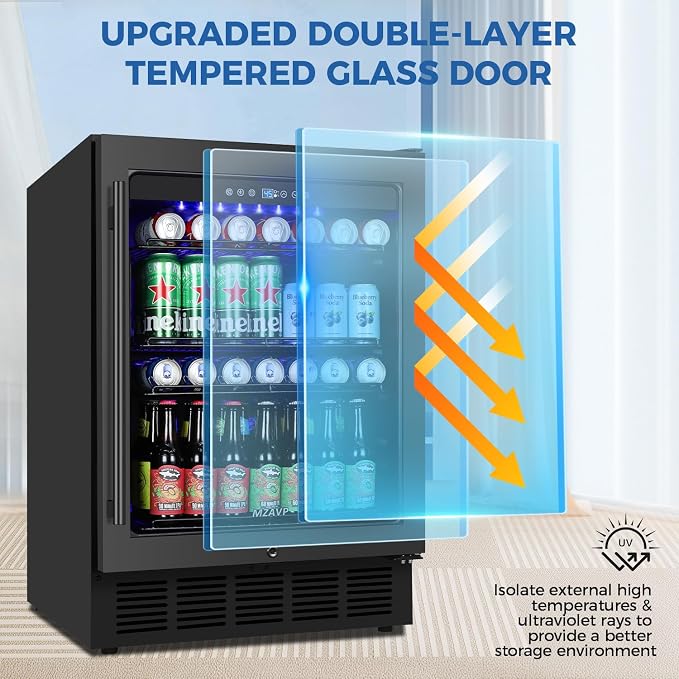 24 Inch Beverage Refrigerator Under Counter, Drink Fridge 180 Cans Large Capacity with Glass Door, 38dB Whisper Quiet Beverage Cooler Built-in for Home Bar Office, Memory Function for Beer Soda, Black