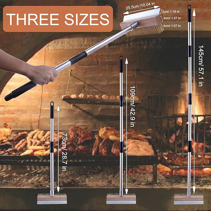 Pizza Oven Brush with Scraper, 57-Inch Long Handle | Aluminum head, stainless steel scraper, 4-section detachable handle for pizza ovens, grill grates, and oven racks.