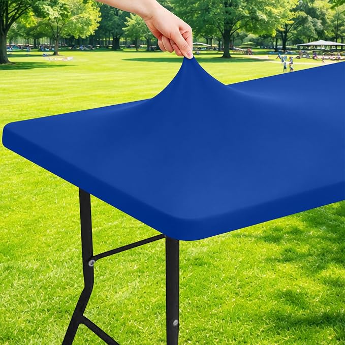 Moosfor Spandex 4 Foot Rectangle Table Cloth, Elastic Fitted Tablecloths for Picnic, Stretch Washable Patio Table Cover for Outdoor, Camping, Banquet and Parties (Blue, 30"x48")