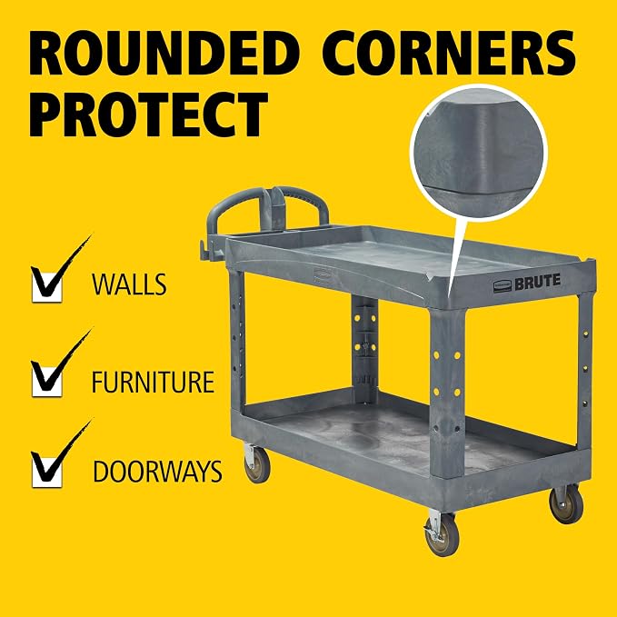 Rubbermaid Commercial Products BRUTE Heavy Duty 2-Shelf Utility/Service Cart, Large, Lipped Shelves, Ergonomic Handle, 750 lbs. Capacity, Black, for Warehouse/Garage/Cleaning/Maintenance/Stadiums