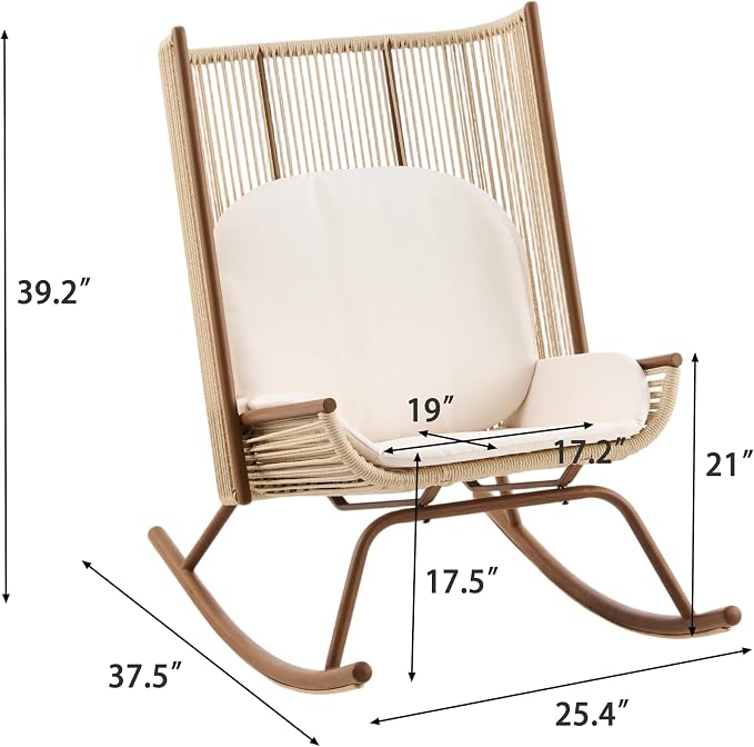 Christopher Knight Home Lumin Outdoor Rocking Chair, High Back PE Rattan Wicker Rocker with Metal Frame, Rocking Chair with Cushion, Comfort Rocker with Ergonomic Design for Patio or Lounge, Beige