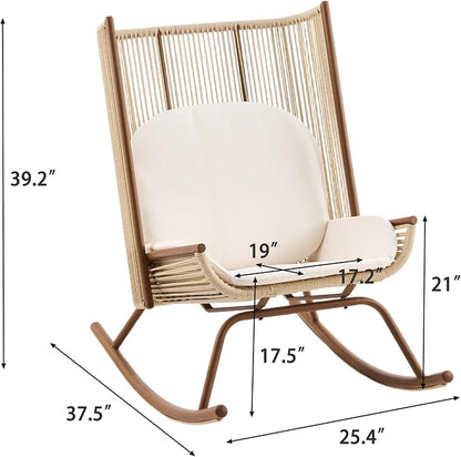 Christopher Knight Home Lumin Outdoor Rocking Chair, High Back PE Rattan Wicker Rocker with Metal Frame, Rocking Chair with Cushion, Comfort Rocker with Ergonomic Design for Patio or Lounge, Beige