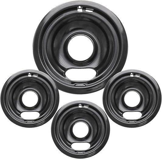 4 Pack Black Drip Pans, Compatible with Whirpool Kenmore Frigirate Stove Top Drip Bowls. Include 3 Pcs 6'' Range Replacement Drip Pans and 1 Pcs 8 '' Cooktop Drip Pans
