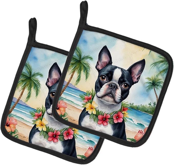 Caroline's Treasures Boston Terrier Luau Pair of Pot Holders Kitchen Heat Resistant Pot Holders Sets Oven Hot Pads for Cooking Baking BBQ, 7 1/2 x 7 1/2