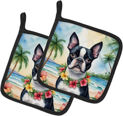 Caroline's Treasures Boston Terrier Luau Pair of Pot Holders Kitchen Heat Resistant Pot Holders Sets Oven Hot Pads for Cooking Baking BBQ, 7 1/2 x 7 1/2