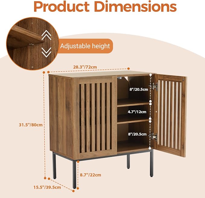 Grille Buffet Cabinet with Storage, Sideboards 2 Doors with Metal Base and Adjustable Shelf for Kitchen, Coffee Bar, Dining Room, Entryway, Hallway,Living Room