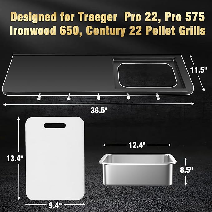 Uniflasy Upgraded Folding Front Shelf for Traeger Pro 34 Series & Century 885, Texas Elite 34 Pellet Grill Accessories, 37" x 12" Heavy-Duty Grill Prep Table with Cutting Board Basin Lid 5 Hooks
