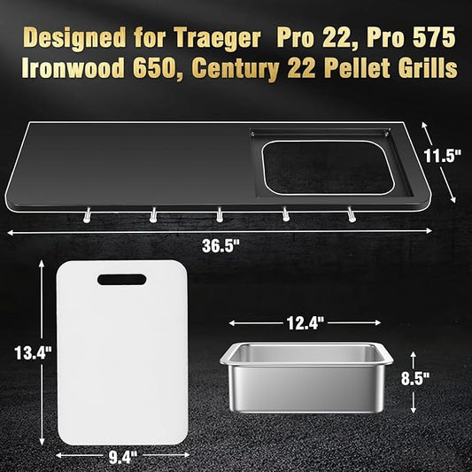 Uniflasy Upgraded Folding Front Shelf for Traeger Pro 34 Series & Century 885, Texas Elite 34 Pellet Grill Accessories, 37" x 12" Heavy-Duty Grill Prep Table with Cutting Board Basin Lid 5 Hooks