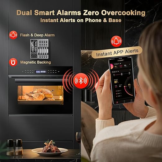 Wireless Meat Thermometer Digital with 4 Probes - 800FT Bluetooth Food Cooking Thermometer, Dual Sensors with NIST Certified Accuracy, Standalone Base for Kitchen Grill BBQ Oven Smoker